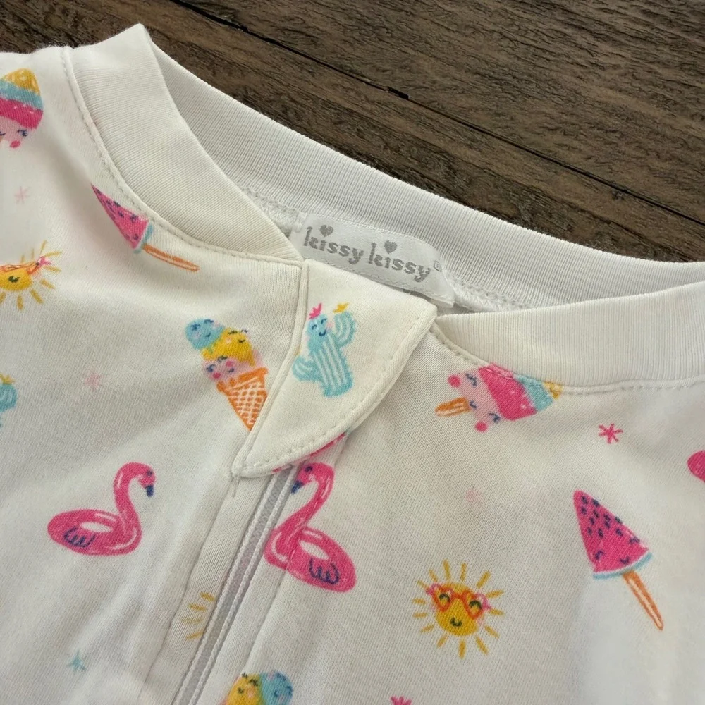 Kissy Kissy Kids White Pima‎ Cotton Flamingo Ice Cream Footie Romper 6-9M